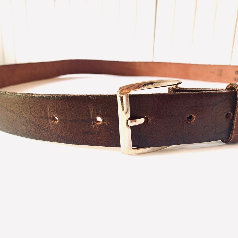 Men’s Belt Sz 44 Top Grain Oil Tanned Leather Brown Brass Buckle 1-1/8” Wide - Picture 3 of 11